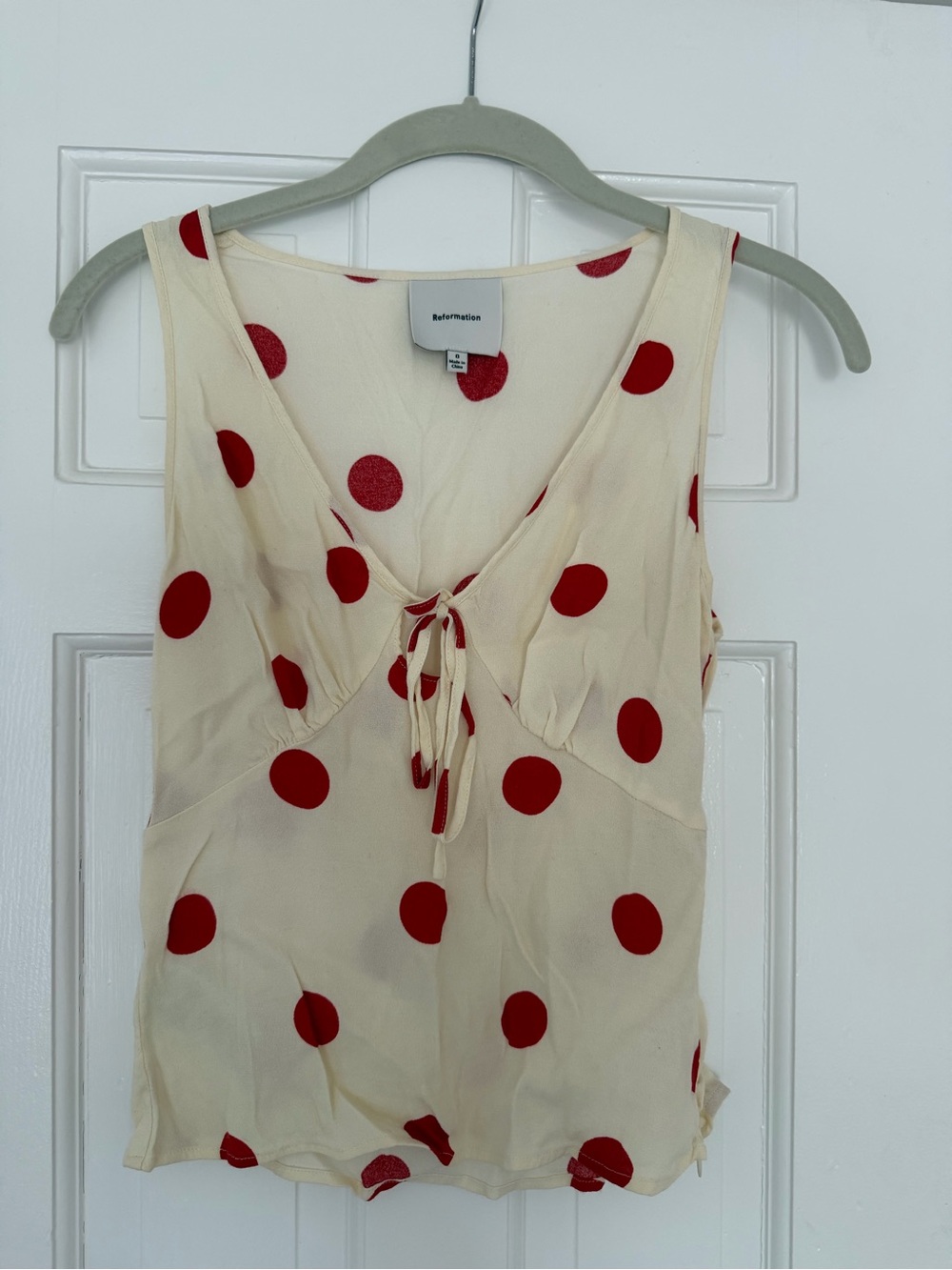 Reformation Cream Tank Top with Red Polka Dots and Front Tie